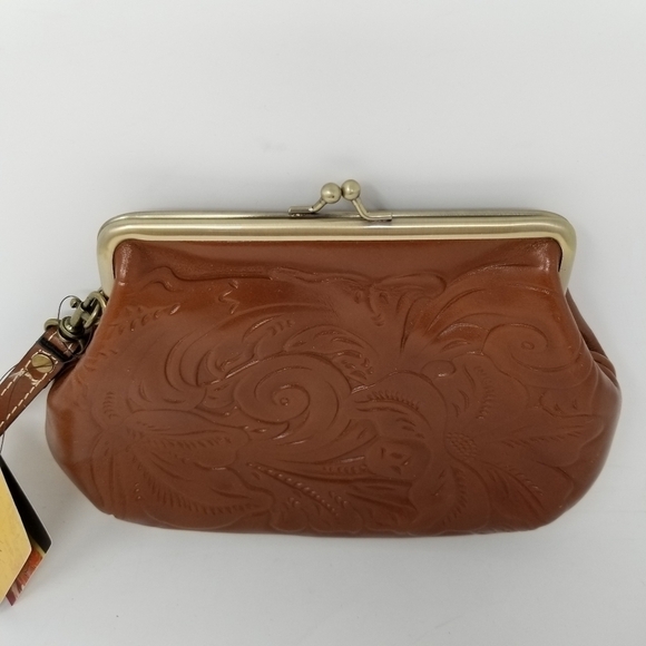 Patricia Nash Savena Wristlet Florence Tooled Leather Clutch Brass Kiss Lock
